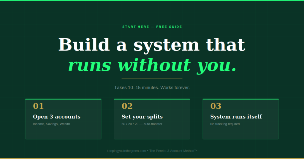 Free guide to building a 3-step money system — open 3 accounts, set your splits, let the system run itself with no tracking required